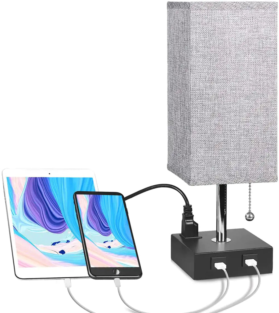 Grey fabric bedside lamp with USB ports and wood tone base