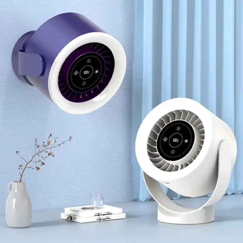 Compact USB table fan with ambient light in a neutral room setting