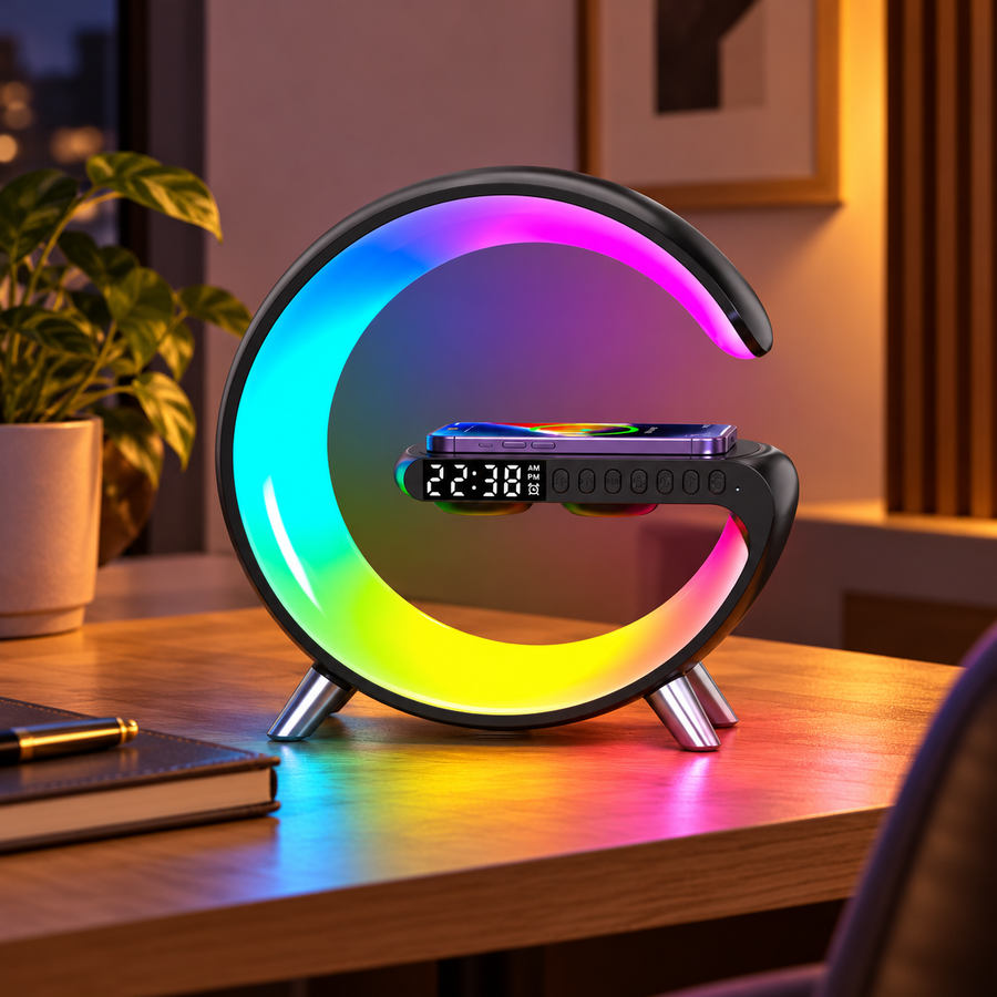 G-shaped LED lamp with wireless phone charging and speaker on a warm desk