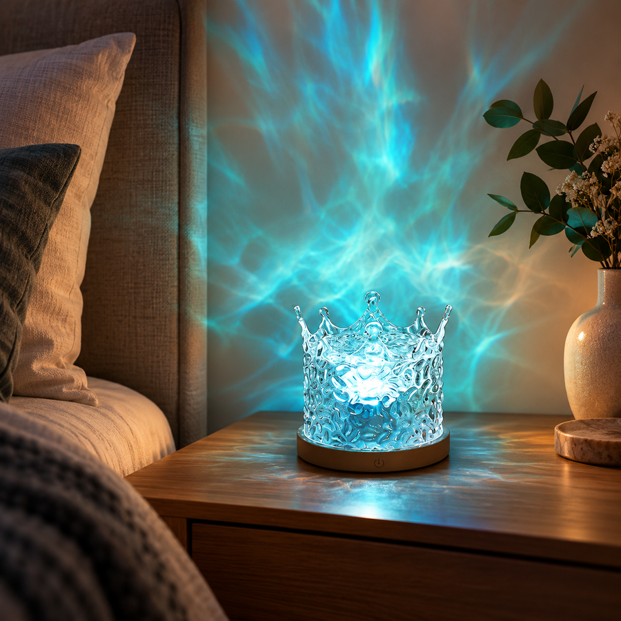 Crown-style acrylic water ripple lamp casting a soft teal pattern on a bedroom wall