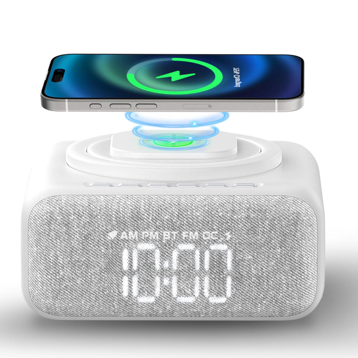 Sound Machine Alarm Clock Wireless ChargerBluetooth Speaker BedroomWhite Noise Machine for Sleeping with 12 Soothing SoundsFM RadioAdjustable LED Night LightPhone Holder for HomeOfficeGift
