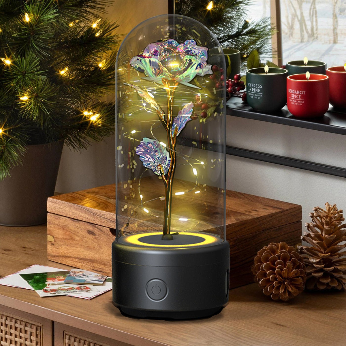 Creative 2 In 1 Rose Flowers LED Light And Bluetooth-compatible Speaker Valentine's Day Gift Rose Luminous Night Light Ornament In Glass Cover - Decorik