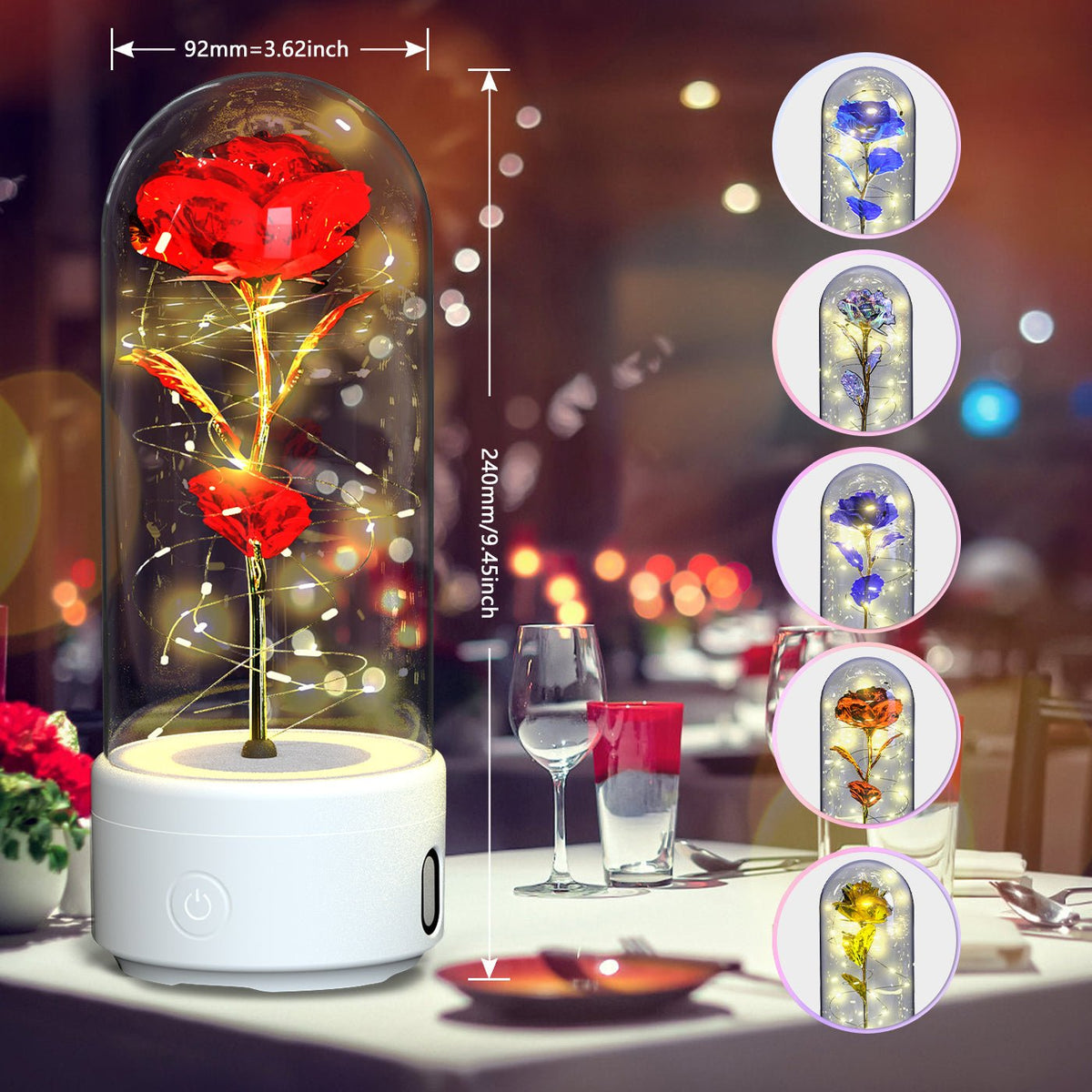 Creative 2 In 1 Rose Flowers LED Light And Bluetooth-compatible Speaker Valentine's Day Gift Rose Luminous Night Light Ornament In Glass Cover - Decorik