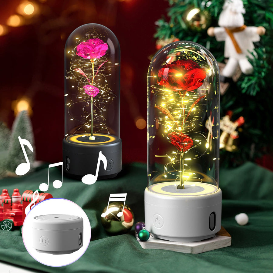 Creative 2 In 1 Rose Flowers LED Light And Bluetooth-compatible Speaker Valentine's Day Gift Rose Luminous Night Light Ornament In Glass Cover - Decorik