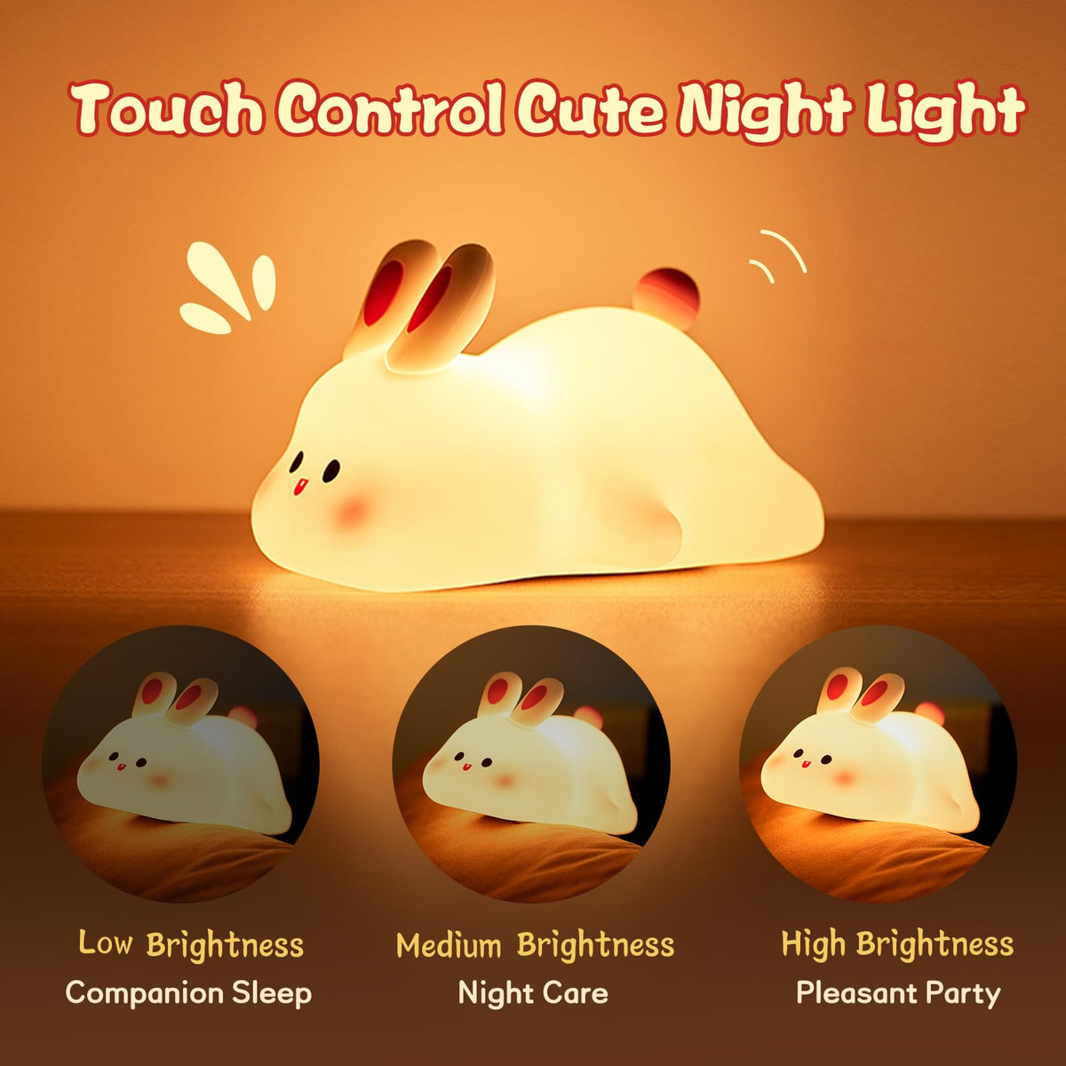 Cute LED Night Light Touch Sensor Cartoon Kid's Nightlights Big Face Rabbit Silicone Night Light Christmas Gift Bedside Lamp Home Decor - Decorik