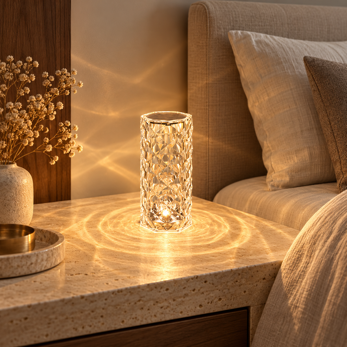 Faceted acrylic USB table lamp casting a warm glow on a bedroom nightstand
