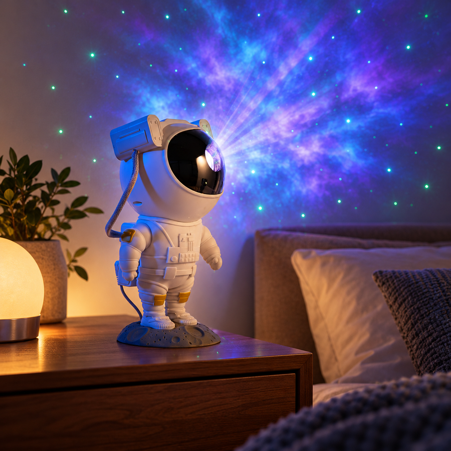 Astronaut galaxy projector casting a soft starry nebula glow in a cozy bedroom