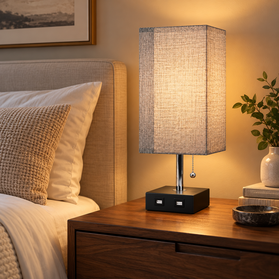 Grey fabric bedside lamp with USB ports glowing beside a softly made bed