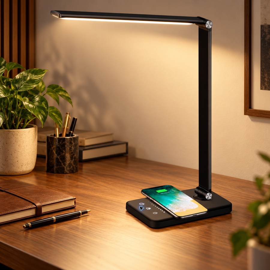 Black adjustable LED desk lamp and wireless phone charger on a warm wood workspace