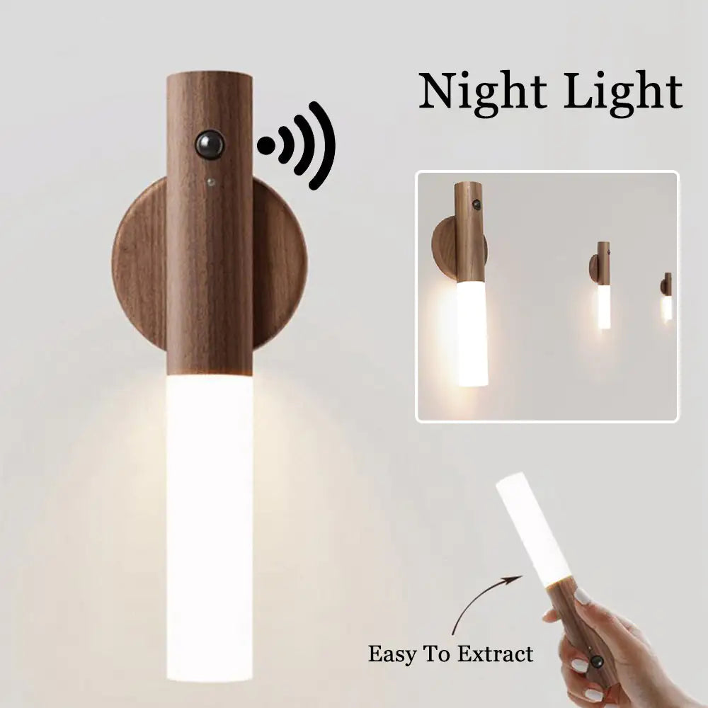 Magnetic motion sensor night light in a warm wood finish