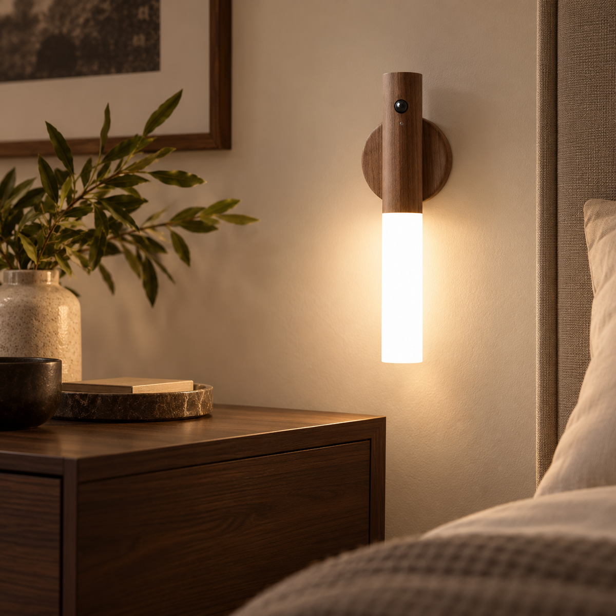 Warm wood magnetic motion sensor night light glowing in a softly styled bedroom