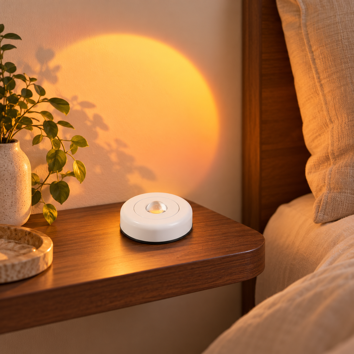 Small battery-powered sunset projector night light casting a warm circle on a bedroom wall