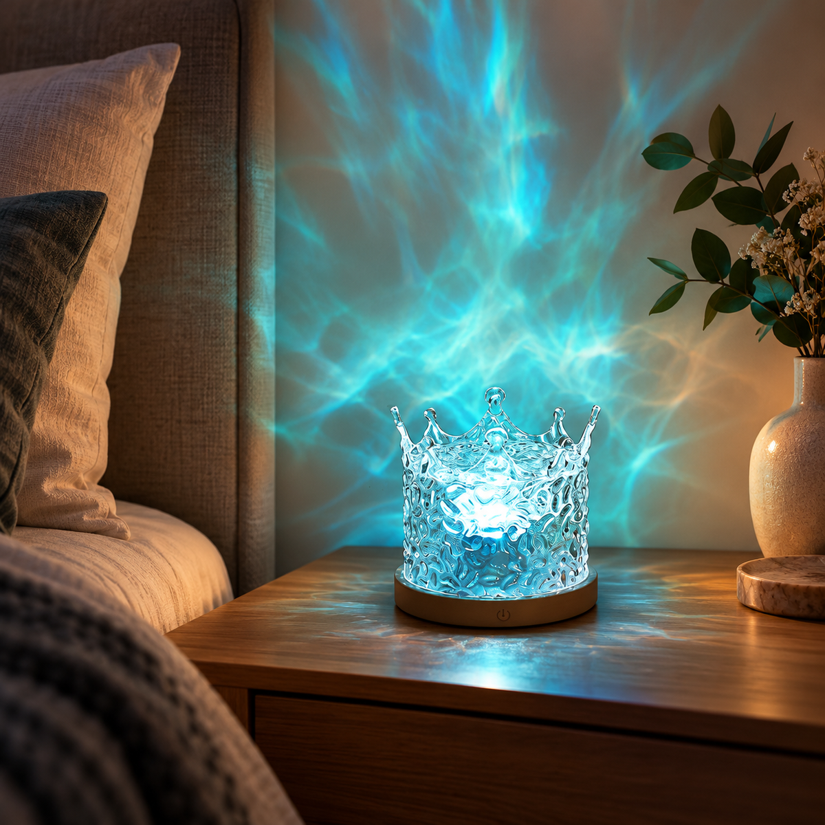 Crown-style acrylic water ripple lamp casting a soft teal pattern on a bedroom wall