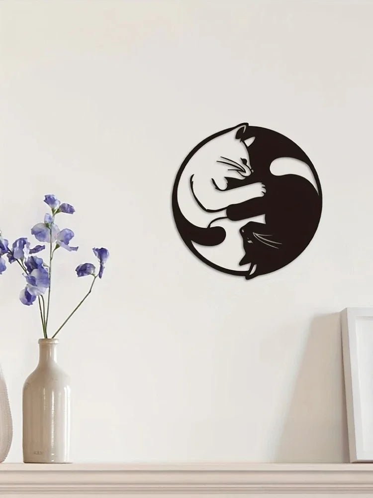 Metal Yin Yang Cat Wall Art Sculpture, Handmade Indoor - Decorik
