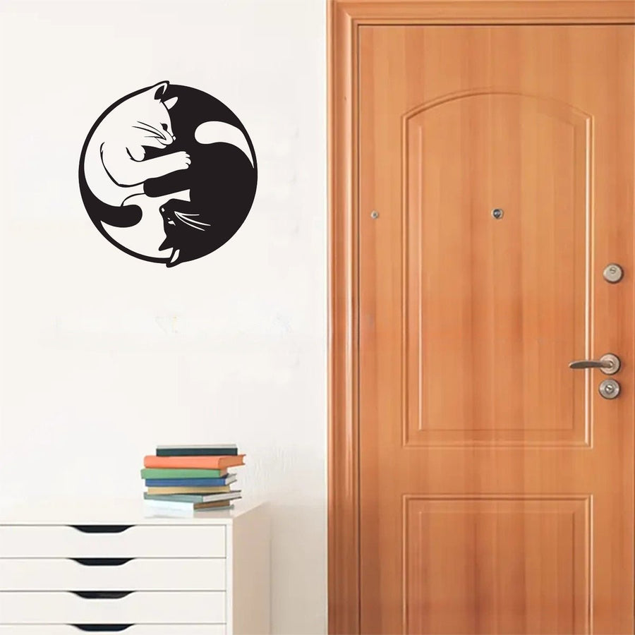 Metal Yin Yang Cat Wall Art Sculpture, Handmade Indoor - Decorik
