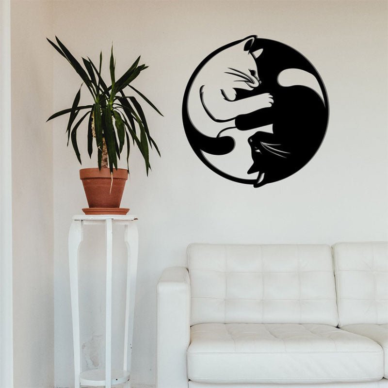 Metal Yin Yang Cat Wall Art Sculpture, Handmade Indoor - Decorik